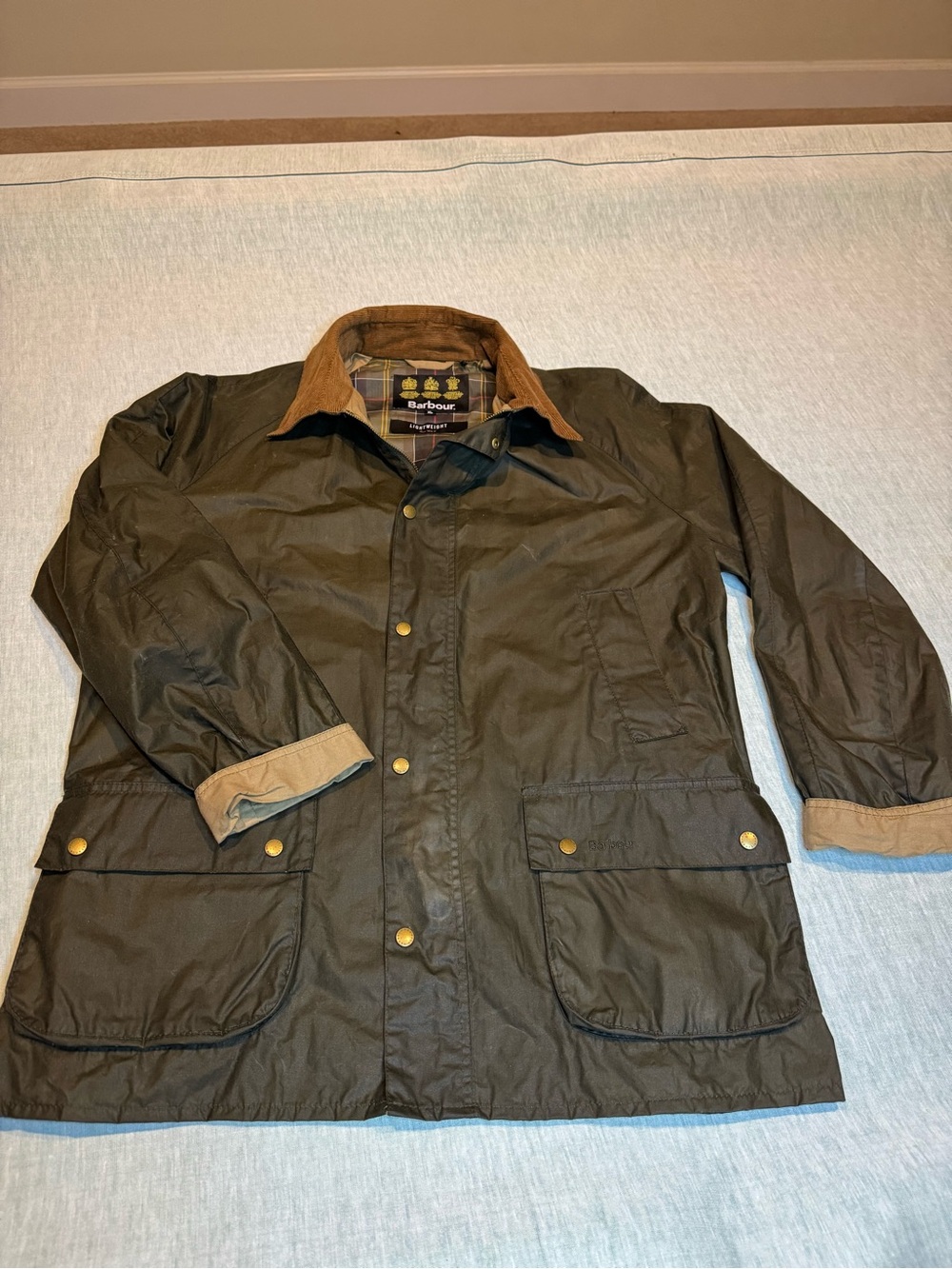 Barbour Dark Olive Waxed Field Jacket with Tan Cord Collar - Picture 2 of 16
